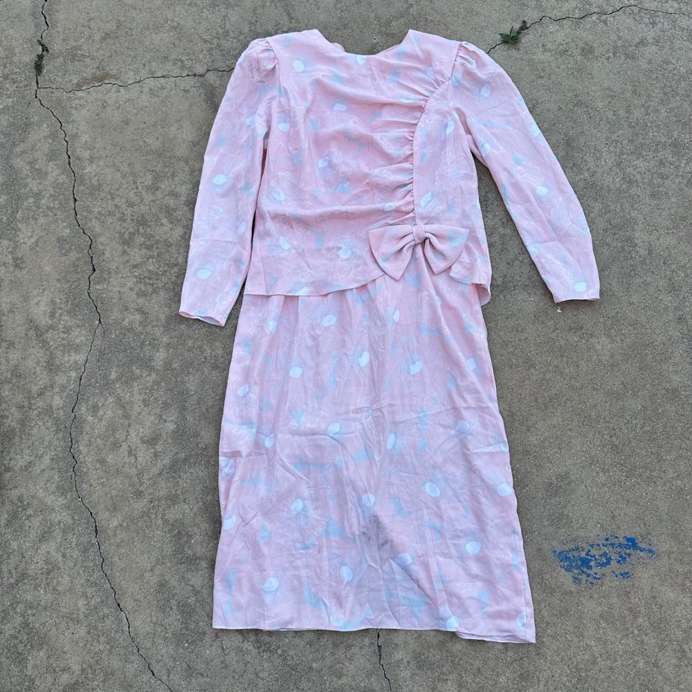 Miss Elliette Vintage Floral Dress Bow Accent Long Sleeve Pink Size 16